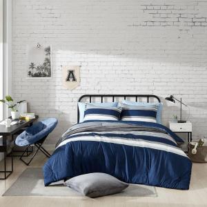 imageNautica  TwinTwin XL Bed Set Reversible Comforter with Matching Shams Bed Sheets and Laundry Bag Dorm Essentials Captains BlueGreenHeathered Block Grey