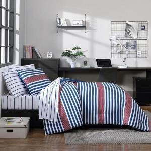 imageNautica  TwinTwin XL Bed Set Reversible Comforter with Matching Shams Bed Sheets and Laundry Bag Dorm Essentials Captains BlueGreenKennedy Stripe Navy