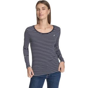 imageNautica Womens Long Sleeve Striped Scoop Neck TShirtNight SkyBright White