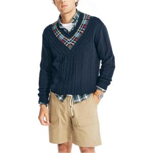 imageNautica Mens Reissue Plaid CableKnit VNeckNavy