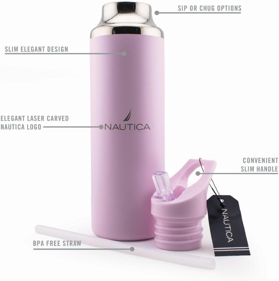 imageNautica Insulated 21oz Sleek Stainless Steel Water Bottle with Flip Lid Straw Leakproof BPAFree Wide Mouth Keeps Drinks Hot or Cold Sports Bottle Ideal for Gym Hiking and Travel NAVYPASTEL PINK