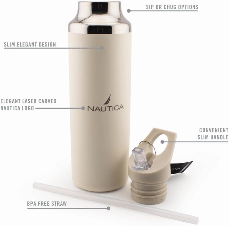 imageNautica Insulated 21oz Sleek Stainless Steel Water Bottle with Flip Lid Straw Leakproof BPAFree Wide Mouth Keeps Drinks Hot or Cold Sports Bottle Ideal for Gym Hiking and Travel NAVYTaupe