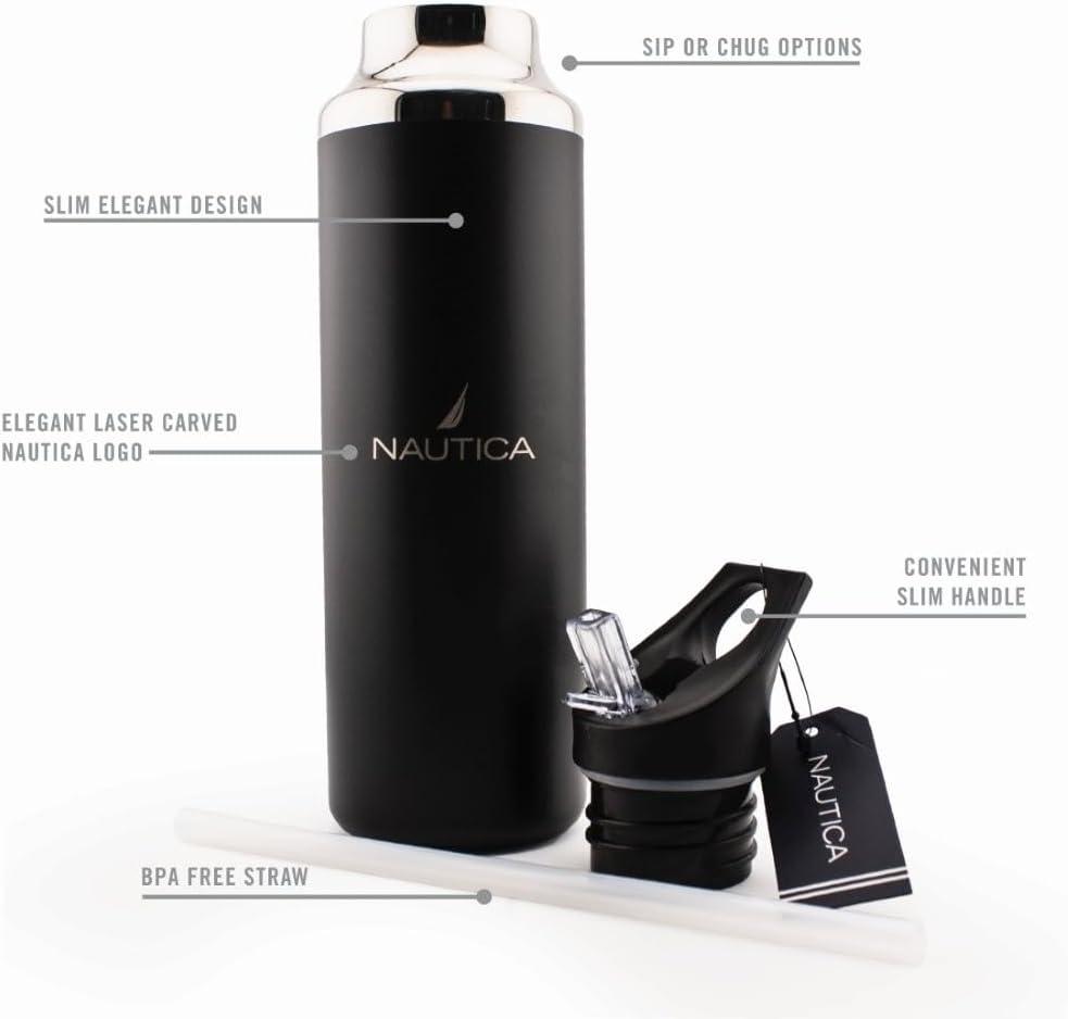 imageNautica Insulated 21oz Sleek Stainless Steel Water Bottle with Flip Lid Straw Leakproof BPAFree Wide Mouth Keeps Drinks Hot or Cold Sports Bottle Ideal for Gym Hiking and Travel NAVYBlack