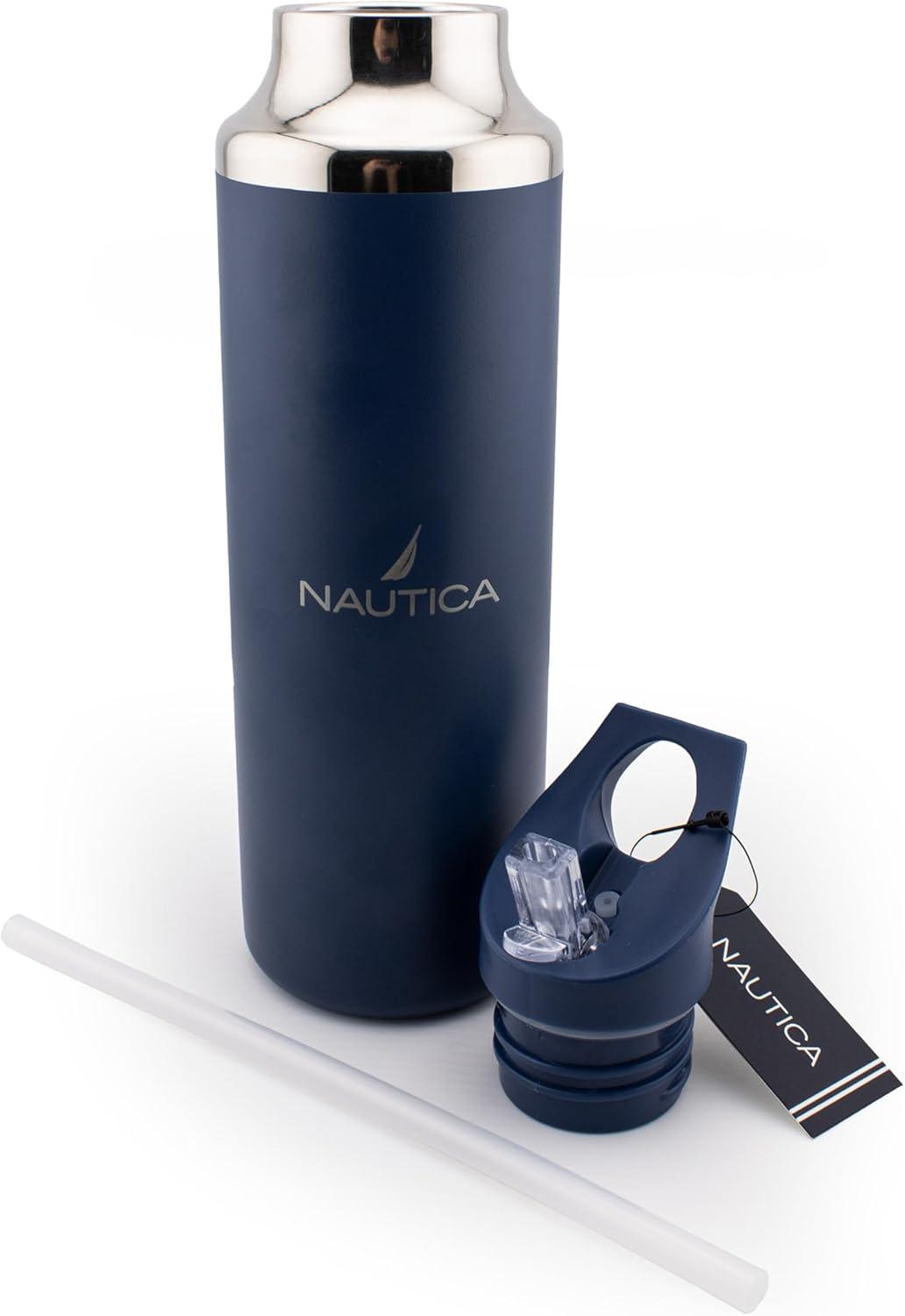 imageNautica Insulated 21oz Sleek Stainless Steel Water Bottle with Flip Lid Straw Leakproof BPAFree Wide Mouth Keeps Drinks Hot or Cold Sports Bottle Ideal for Gym Hiking and Travel NAVYNavy