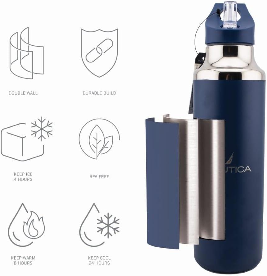 imageNautica Insulated 21oz Sleek Stainless Steel Water Bottle with Flip Lid Straw Leakproof BPAFree Wide Mouth Keeps Drinks Hot or Cold Sports Bottle Ideal for Gym Hiking and Travel NAVYNavy