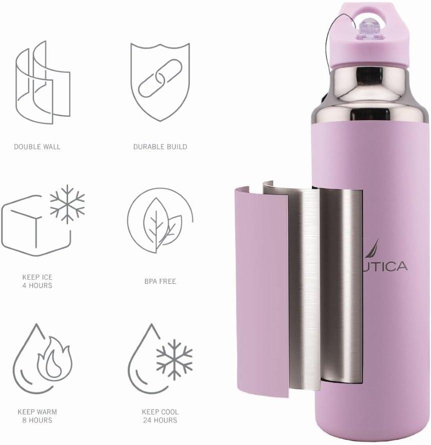 imageNautica Insulated 21oz Sleek Stainless Steel Water Bottle with Flip Lid Straw Leakproof BPAFree Wide Mouth Keeps Drinks Hot or Cold Sports Bottle Ideal for Gym Hiking and Travel NAVYPASTEL PINK