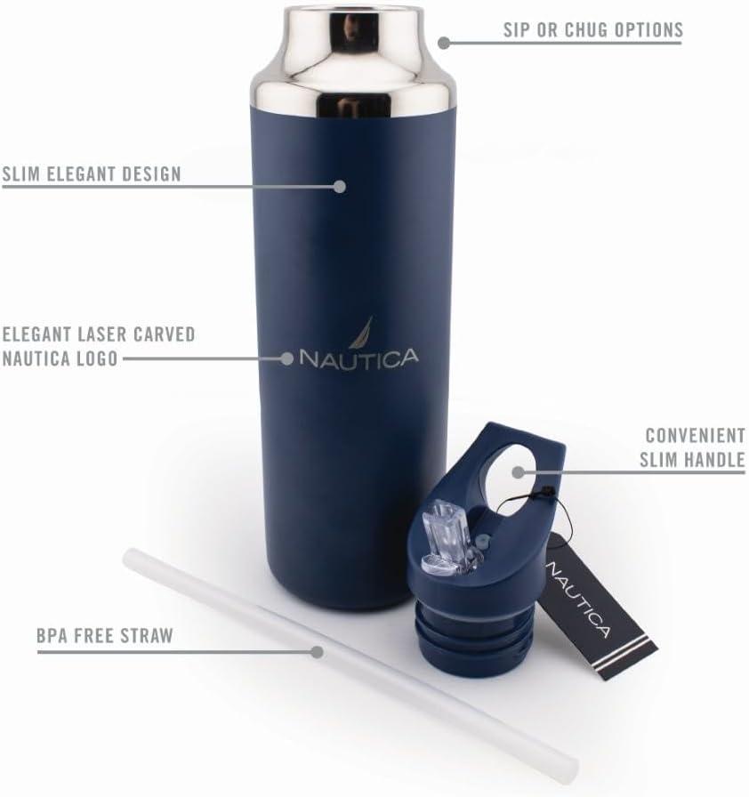 imageNautica Insulated 21oz Sleek Stainless Steel Water Bottle with Flip Lid Straw Leakproof BPAFree Wide Mouth Keeps Drinks Hot or Cold Sports Bottle Ideal for Gym Hiking and Travel NAVYNavy
