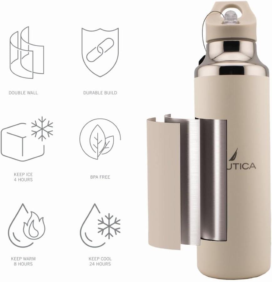 imageNautica Insulated 21oz Sleek Stainless Steel Water Bottle with Flip Lid Straw Leakproof BPAFree Wide Mouth Keeps Drinks Hot or Cold Sports Bottle Ideal for Gym Hiking and Travel NAVYTaupe