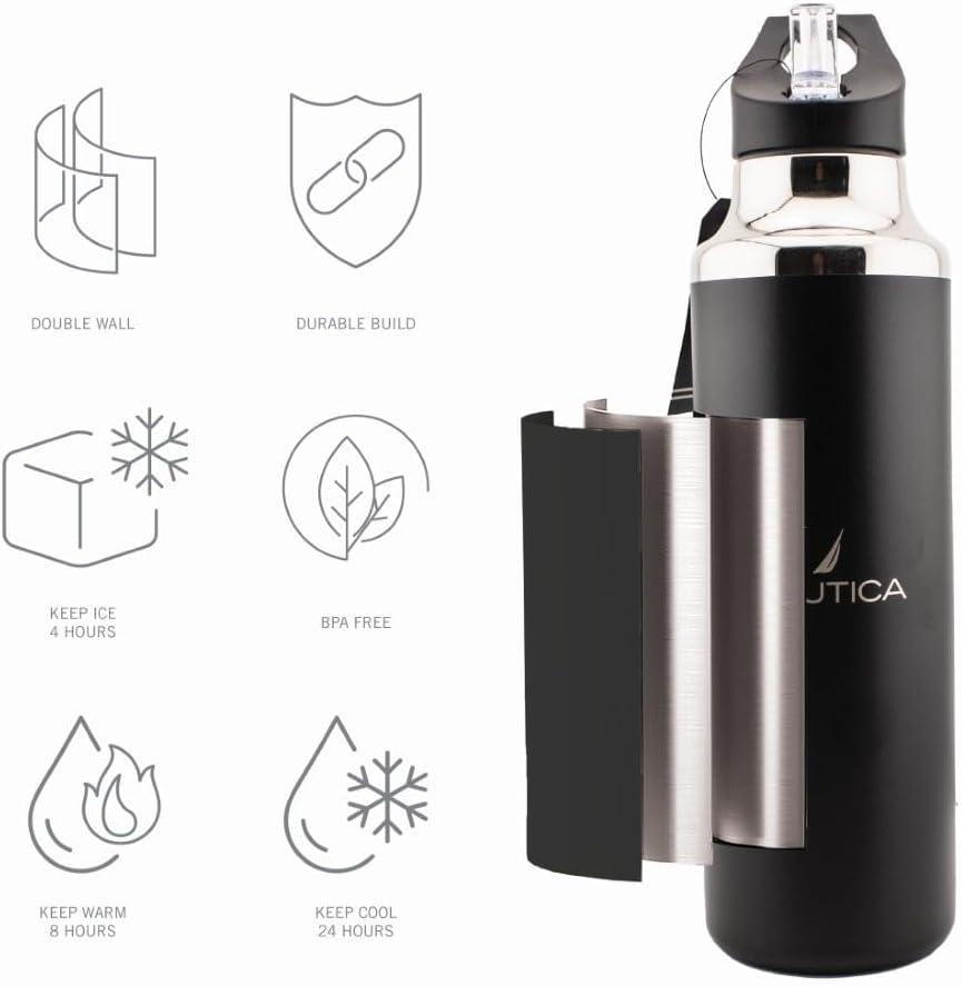 imageNautica Insulated 21oz Sleek Stainless Steel Water Bottle with Flip Lid Straw Leakproof BPAFree Wide Mouth Keeps Drinks Hot or Cold Sports Bottle Ideal for Gym Hiking and Travel NAVYBlack