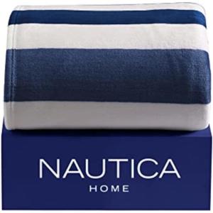 imageNautica  Twin Blanket Soft Plush Fleece Bedding Ideal for Bed or Couch Dorm Essentials OekoTex Certified Awning Stripe NavyTwin