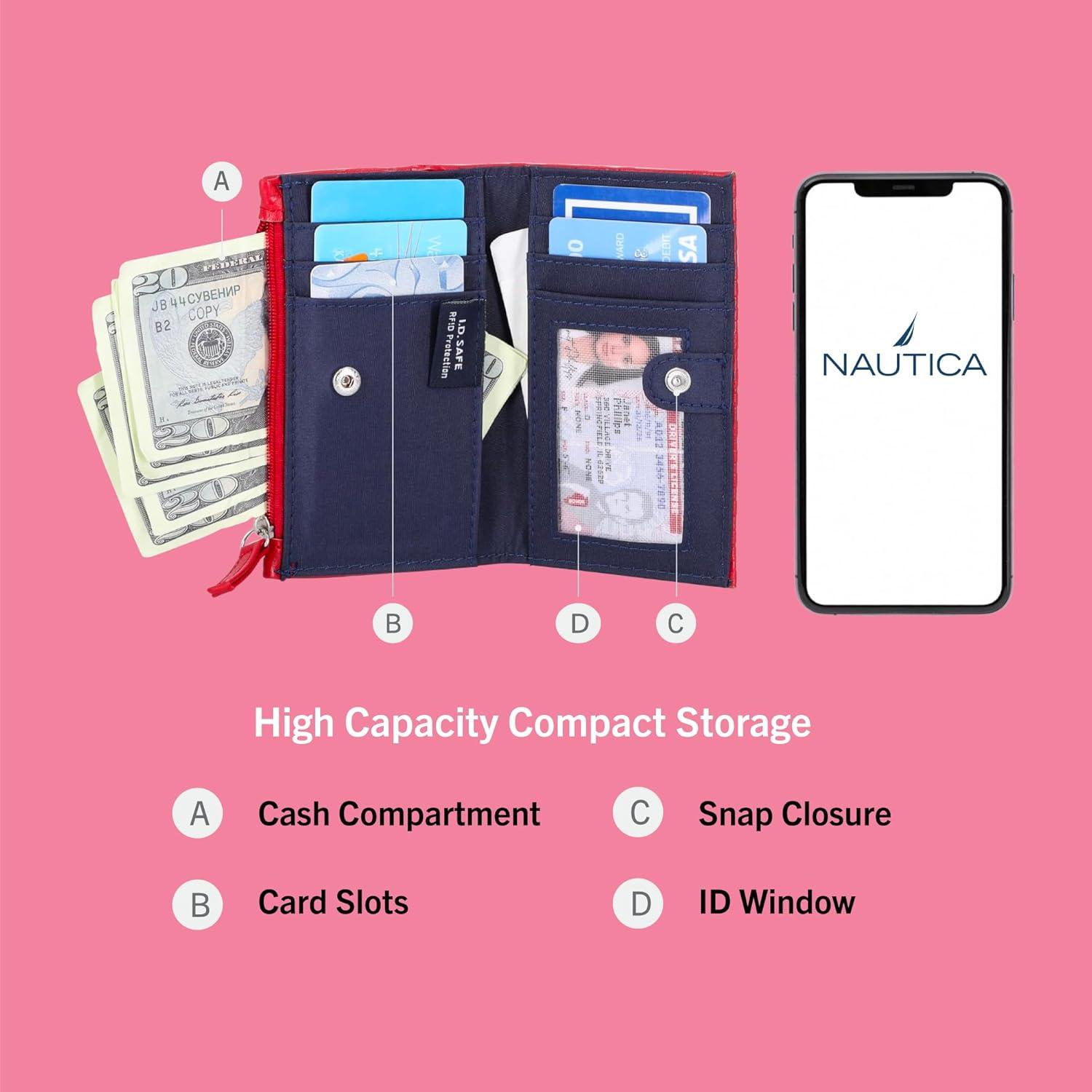imageNautica High Tide Small Wallet for Women RFID Blocking Slim Credit Card Holder with Zipper Coin Pocket Bifold Compact Wallet with ID Window Glacial BlueAmericana