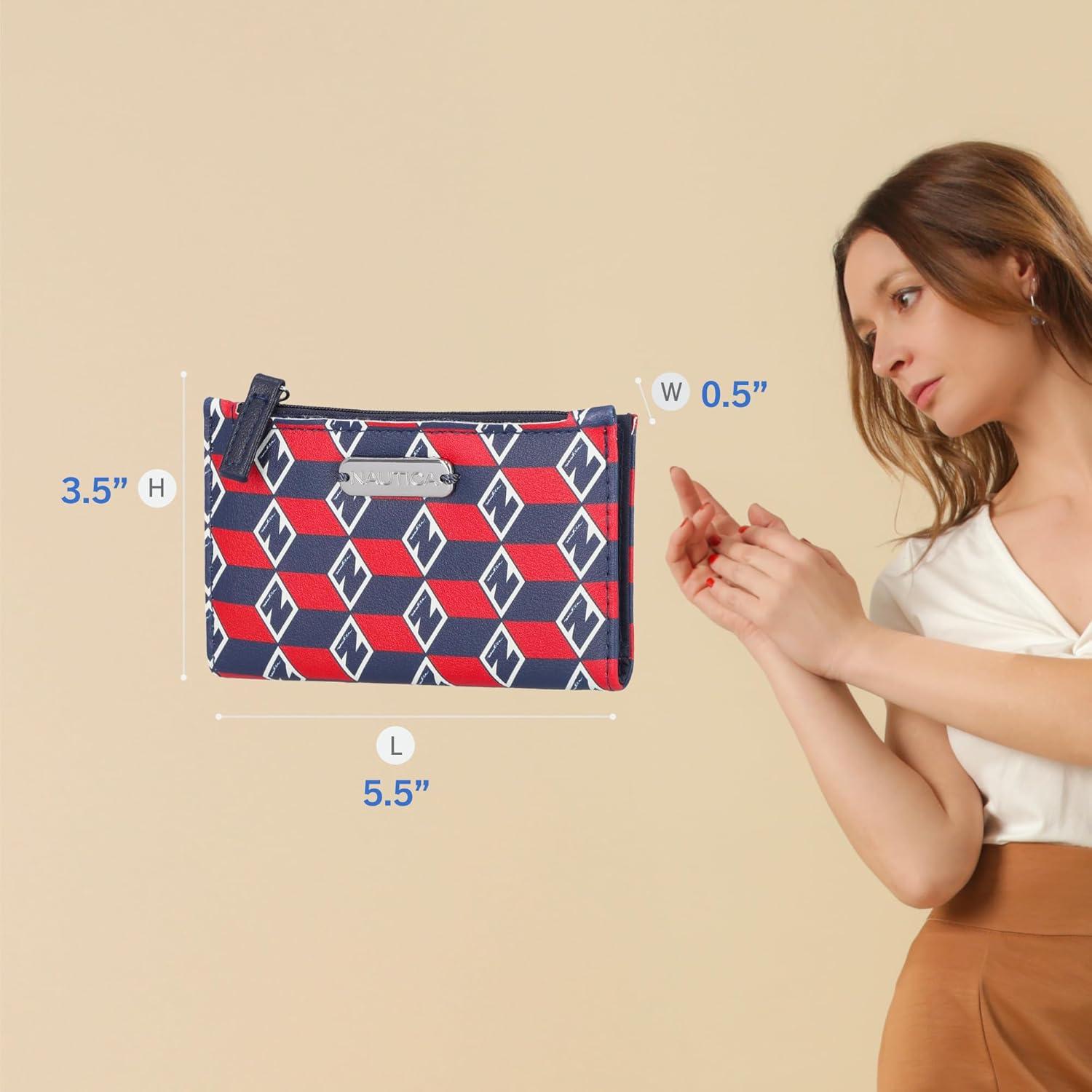 imageNautica High Tide Small Wallet for Women RFID Blocking Slim Credit Card Holder with Zipper Coin Pocket Bifold Compact Wallet with ID Window Glacial BlueAmericana