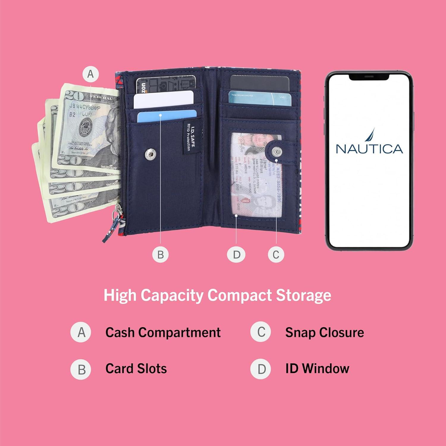 imageNautica High Tide Small Wallet for Women RFID Blocking Slim Credit Card Holder with Zipper Coin Pocket Bifold Compact Wallet with ID Window Glacial BlueIndigoMarina