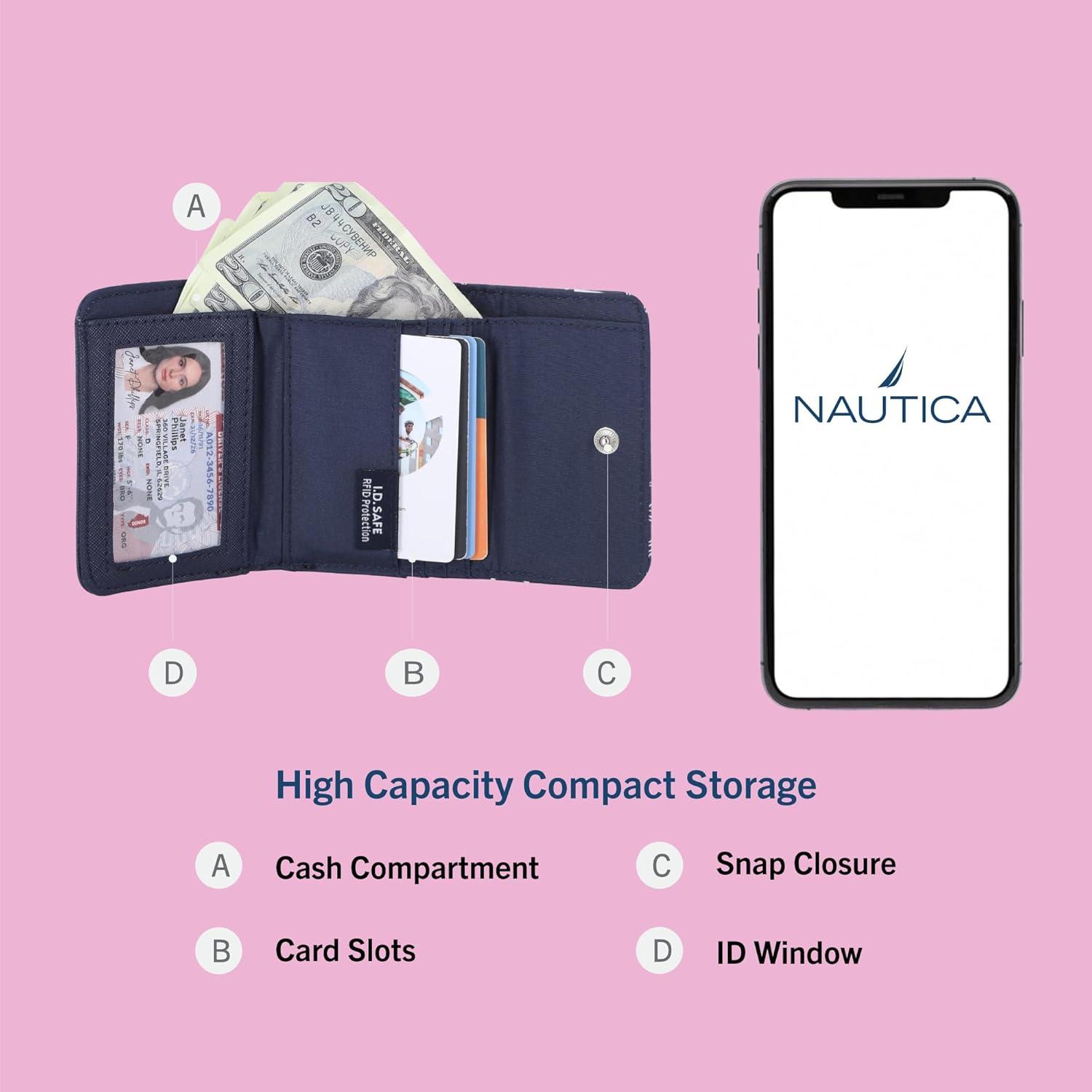 imageNautica Rowers End Small Wallet for Women RFID Blocking Slim Credit Card Holder with Zipper Coin Pocket Bifold Compact Womens Wallet with ID Window Wave Dreamer IndigoChalkWave Dreamer IndigoChalk