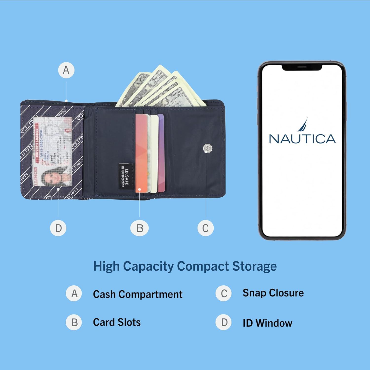 imageNautica Rowers End Small Wallet for Women RFID Blocking Slim Credit Card Holder with Zipper Coin Pocket Bifold Compact Womens Wallet with ID Window Wave Dreamer IndigoChalkIndigoBone