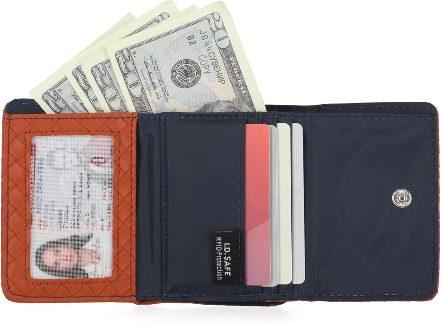 imageNautica Rowers End Small Wallet for Women RFID Blocking Slim Credit Card Holder with Zipper Coin Pocket Bifold Compact Womens Wallet with ID Window Wave Dreamer IndigoChalkWoven Cognac