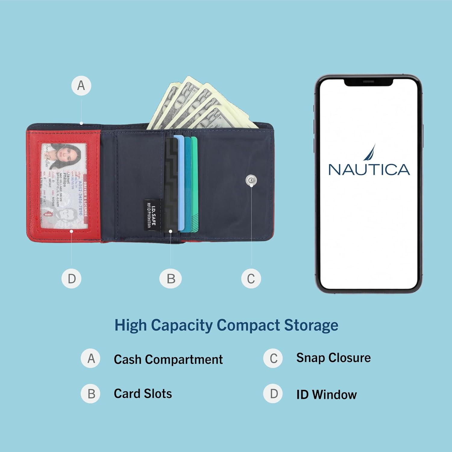 imageNautica Rowers End Small Wallet for Women RFID Blocking Slim Credit Card Holder with Zipper Coin Pocket Bifold Compact Womens Wallet with ID Window Wave Dreamer IndigoChalkRed Logo