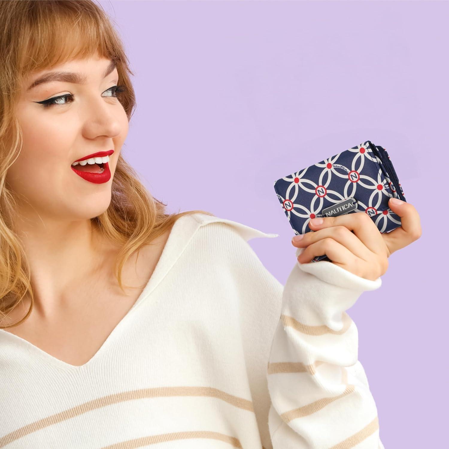 imageNautica Rowers End Small Wallet for Women RFID Blocking Slim Credit Card Holder with Zipper Coin Pocket Bifold Compact Womens Wallet with ID Window Wave Dreamer IndigoChalkIndigo
