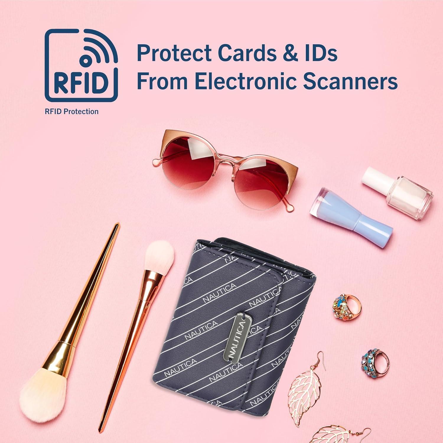 imageNautica Rowers End Small Wallet for Women RFID Blocking Slim Credit Card Holder with Zipper Coin Pocket Bifold Compact Womens Wallet with ID Window Wave Dreamer IndigoChalkIndigoBone