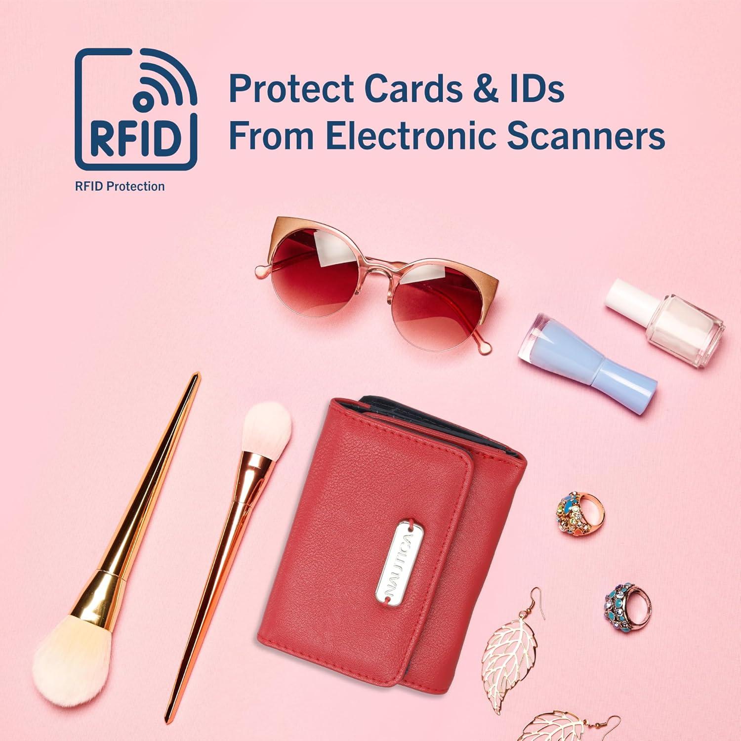 imageNautica Rowers End Small Wallet for Women RFID Blocking Slim Credit Card Holder with Zipper Coin Pocket Bifold Compact Womens Wallet with ID Window Wave Dreamer IndigoChalkRed Logo