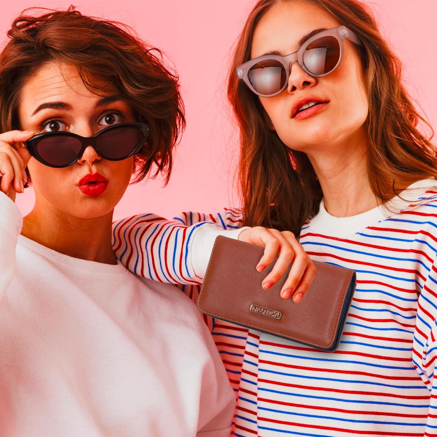 imageNautica Seaside Slim Womens Wallet RFID Blocking Credit Card Holder Coin Purse Checkbook Organizer Clutch Small Vegan Leather Wallet for Travel AmericanaCognac Woven