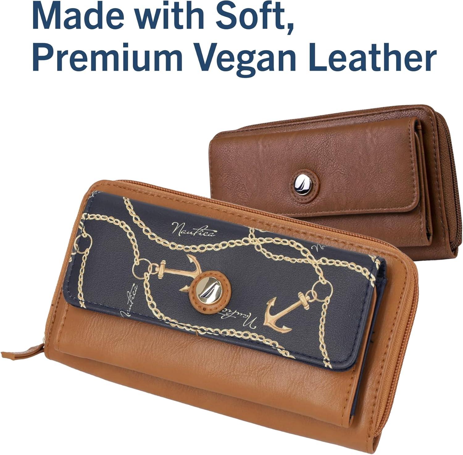 imageNautica Womens Bulk Cargo Vegan Leather RFID Wallet Zip Around Clutch Phone Case MultiCard Organizer Fuego RedEarth