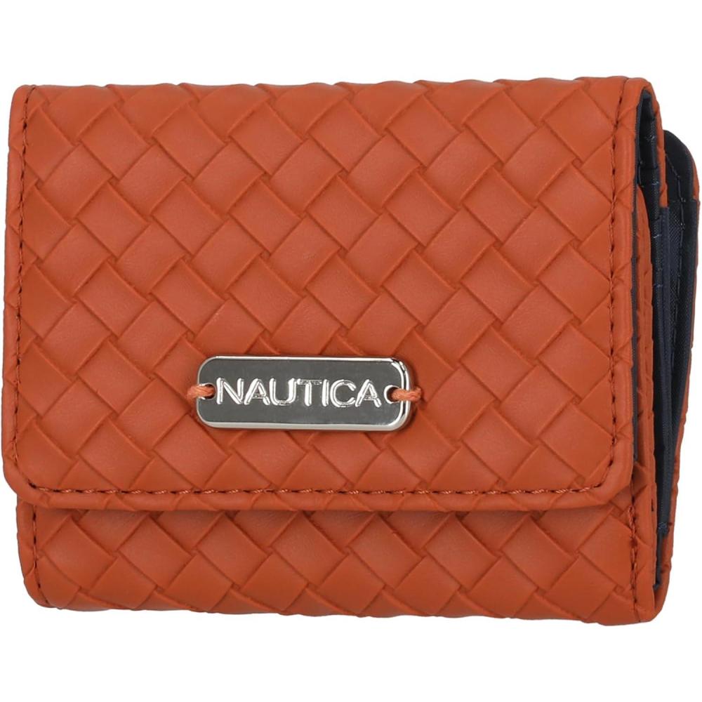 imageNautica Rowers End Small Wallet for Women RFID Blocking Slim Credit Card Holder with Zipper Coin Pocket Bifold Compact Womens Wallet with ID Window Wave Dreamer IndigoChalkWoven Cognac