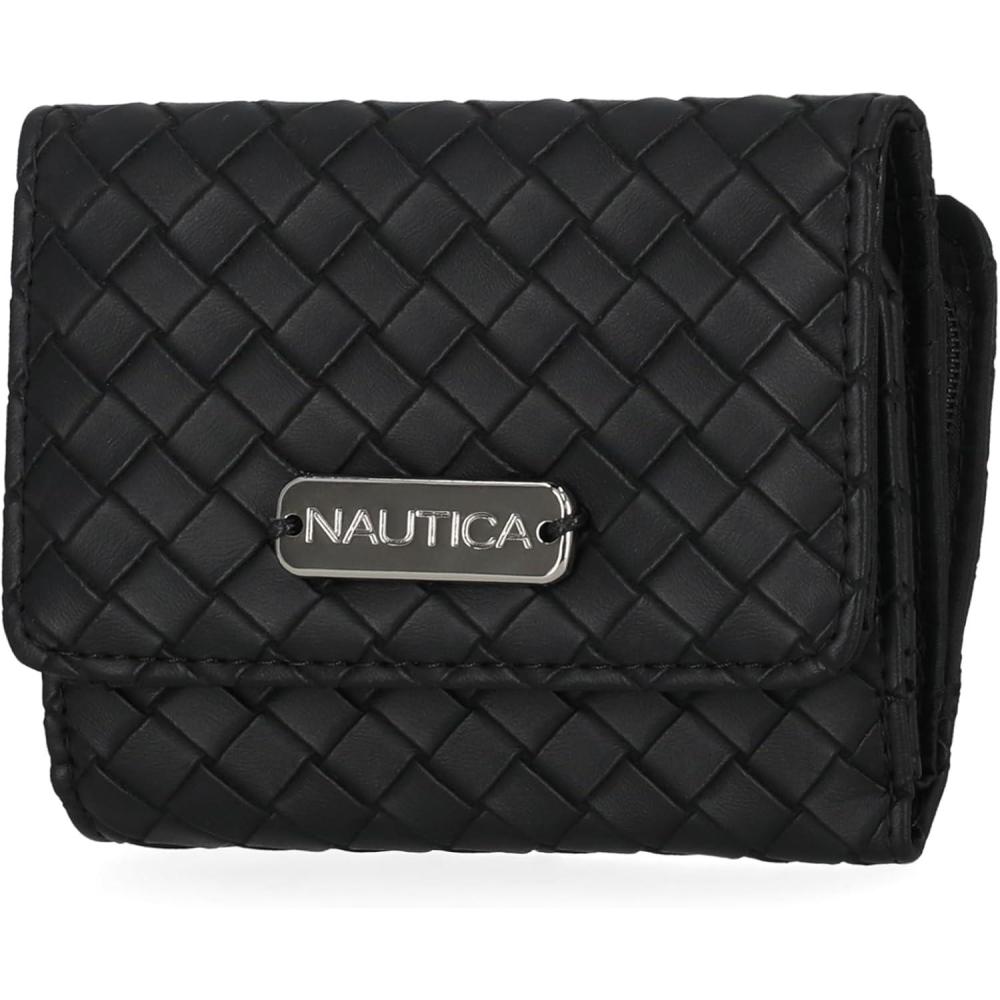imageNautica Rowers End Small Wallet for Women RFID Blocking Slim Credit Card Holder with Zipper Coin Pocket Bifold Compact Womens Wallet with ID Window Wave Dreamer IndigoChalkWoven Black