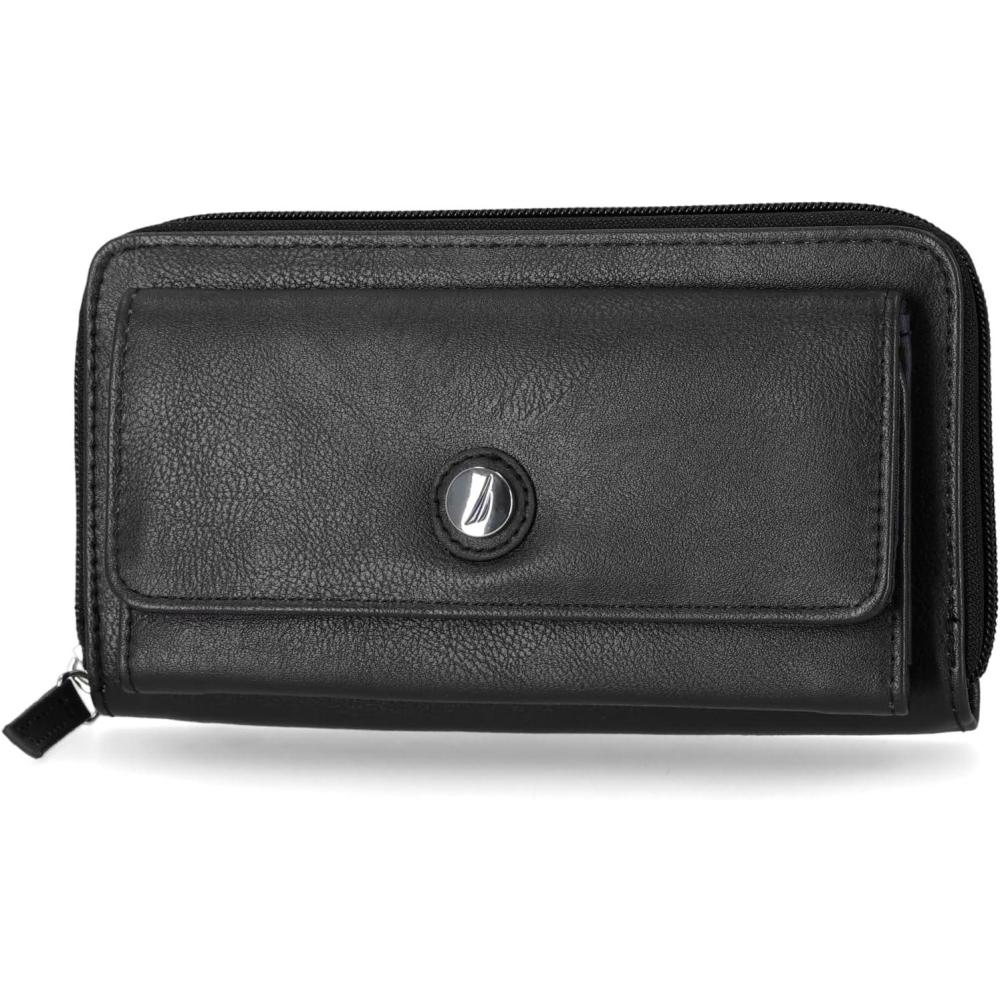 imageNautica Womens Bulk Cargo Vegan Leather RFID Wallet Zip Around Clutch Phone Case MultiCard Organizer Fuego RedBlack