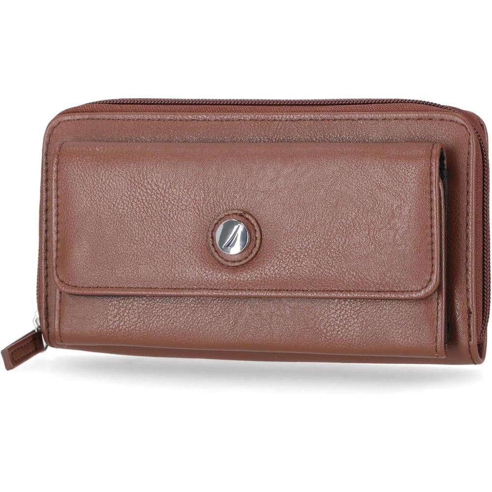 imageNautica Womens Bulk Cargo Vegan Leather RFID Wallet Zip Around Clutch Phone Case MultiCard Organizer Fuego RedEarth
