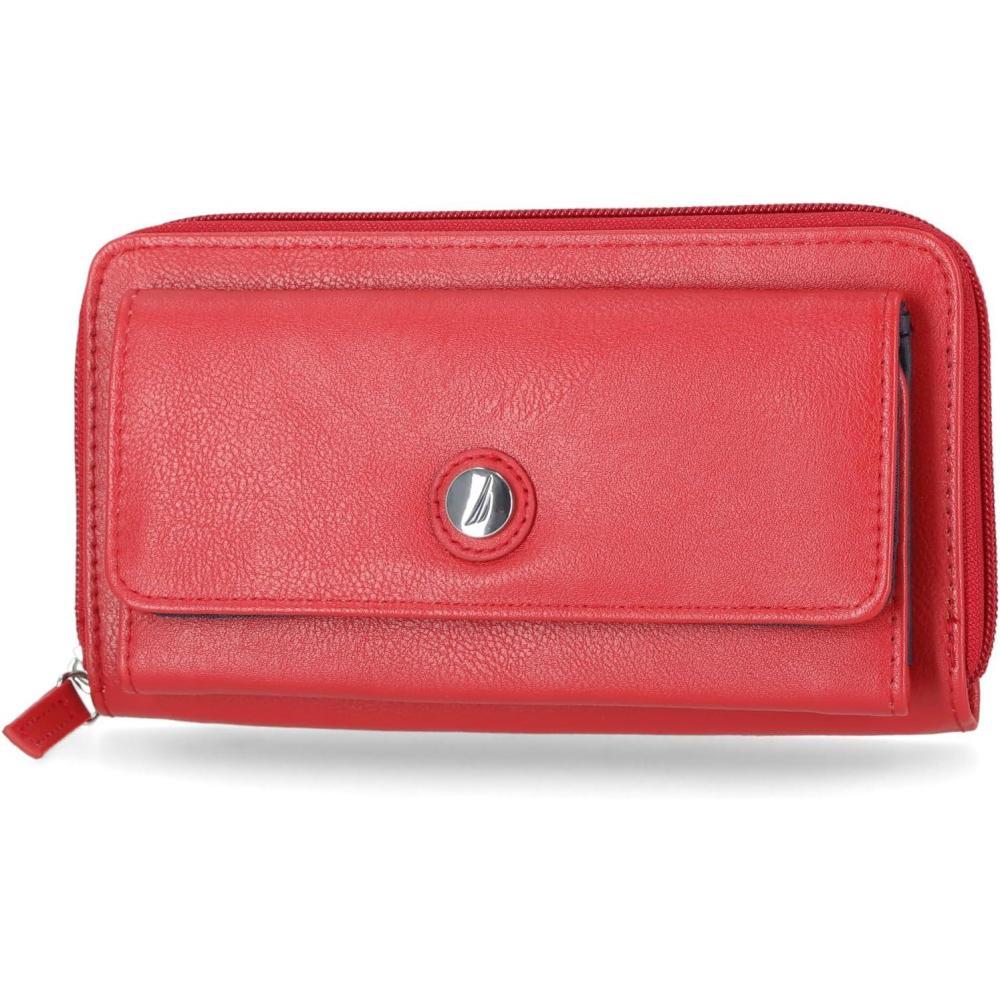 imageNautica Womens Bulk Cargo Vegan Leather RFID Wallet Zip Around Clutch Phone Case MultiCard Organizer Fuego RedFuego Red