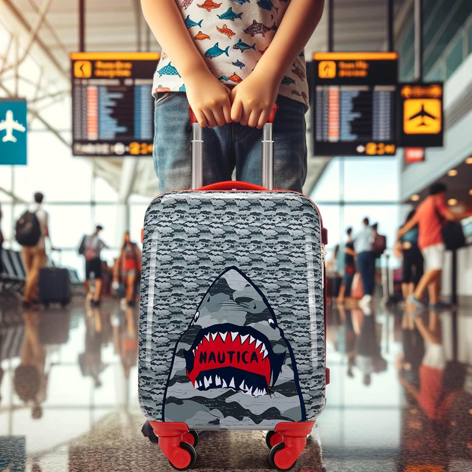 imageNautica Kids Luggage  18quot Airline Approved Rolling Hardside Upright Carryon Suitcase Set with Wheels Pastel Shell  5pc Travel SetShark Attack