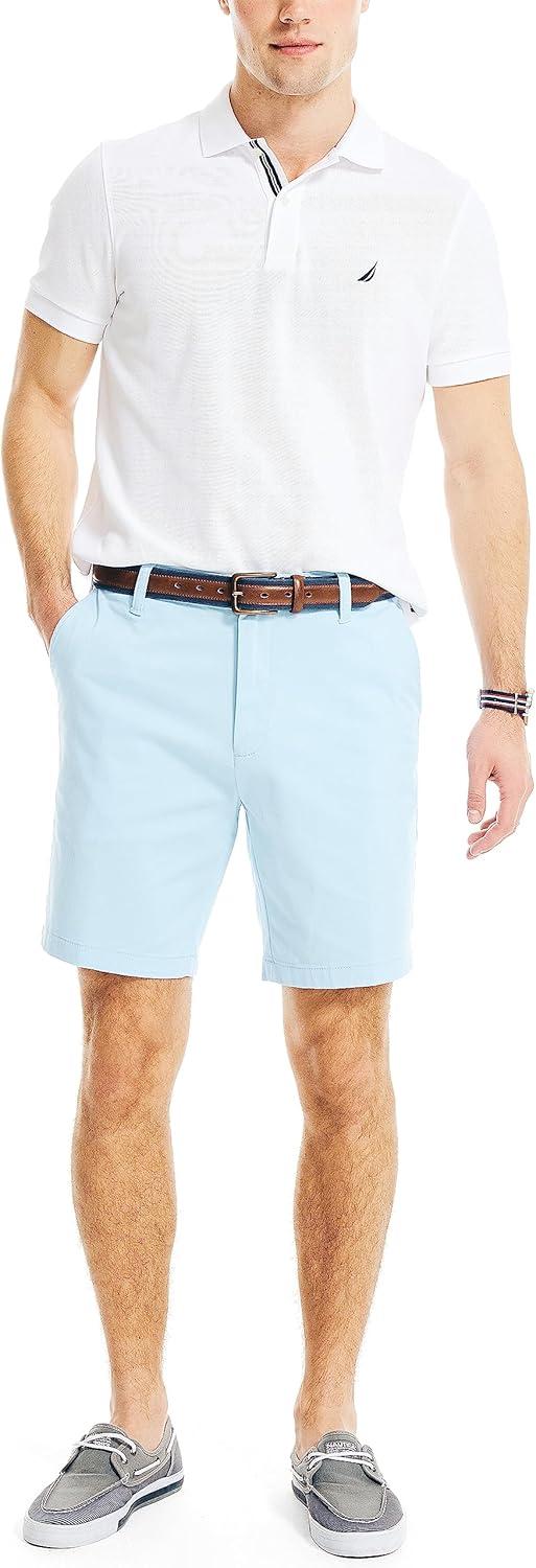 imageNautica Mens Classic Fit Flat Front Stretch Solid Chino 85quot Deck ShortsNoon Blue