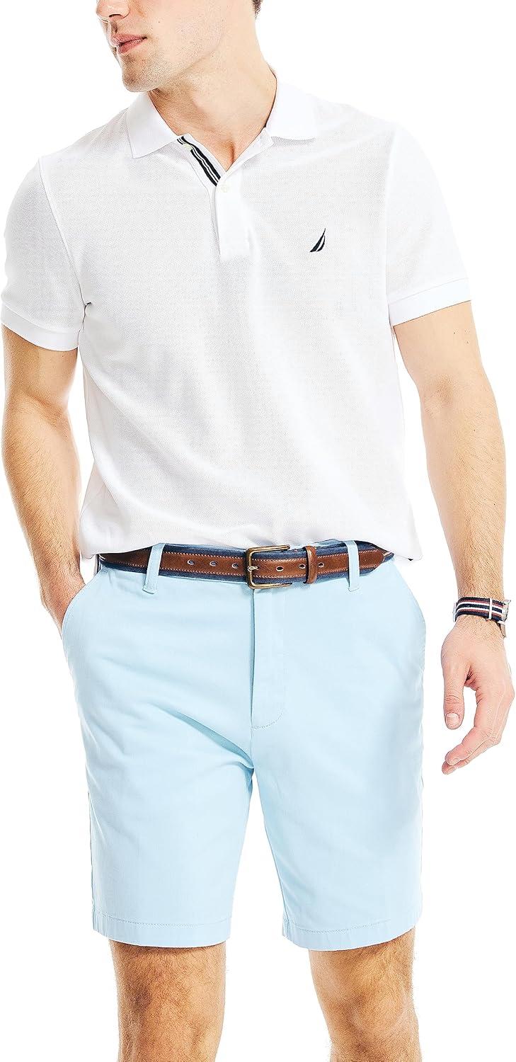 imageNautica Mens Classic Fit Flat Front Stretch Solid Chino 85quot Deck ShortsNoon Blue