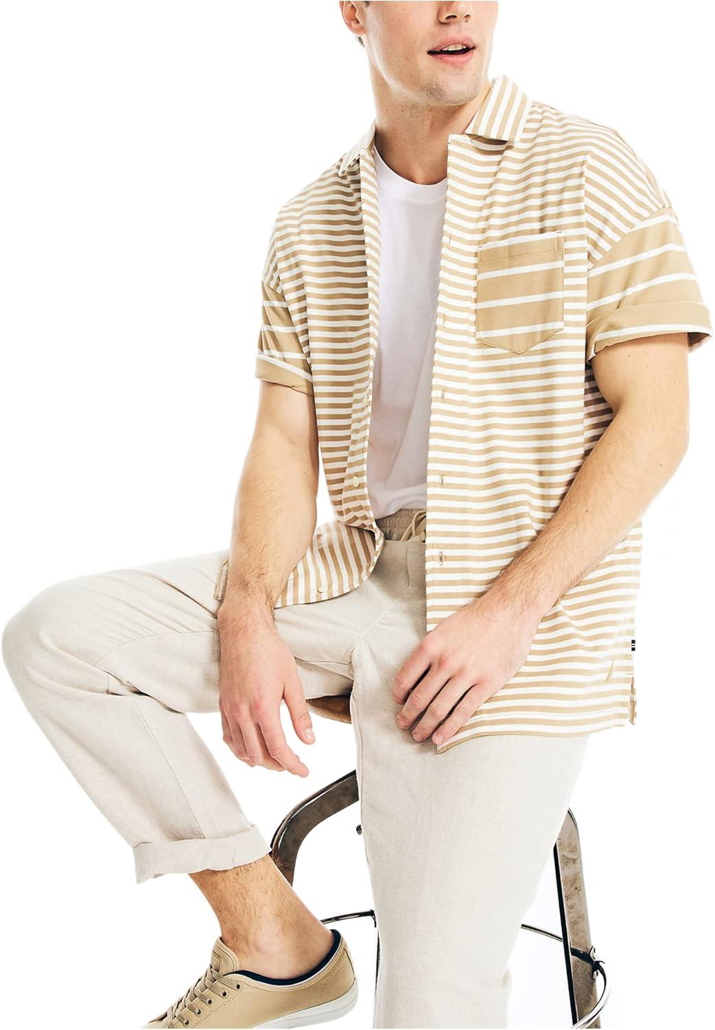 imageNautica Mens Striped Camp ShirtMilitary Tan