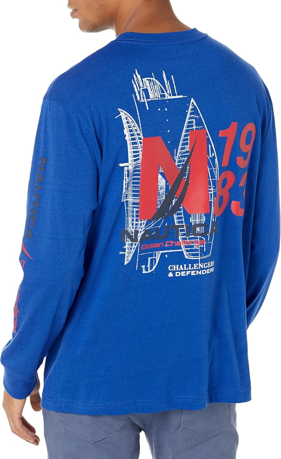 imageNautica Mens Sustainably Crafted Graphic LongSleeve Pocket TShirtBright Cobalt