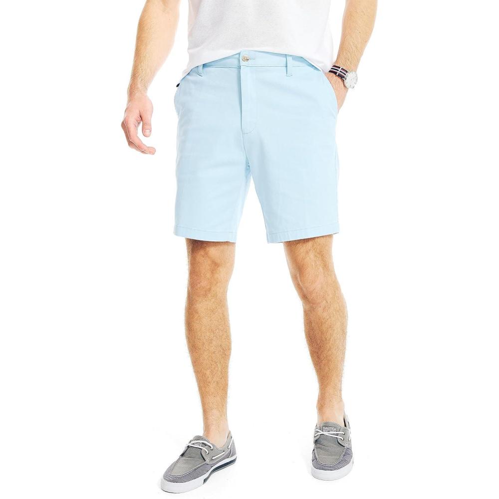 imageNautica Mens Classic Fit Flat Front Stretch Solid Chino 85quot Deck ShortsNoon Blue