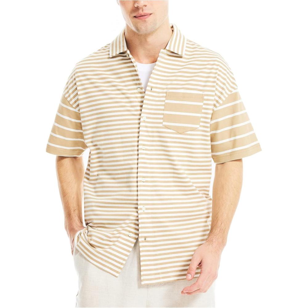 imageNautica Mens Striped Camp ShirtMilitary Tan