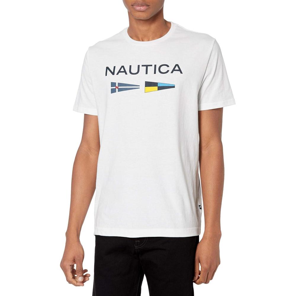 imageNautica Mens Sustainably Crafted Logo Signal Flag Graphic TShirtBright White