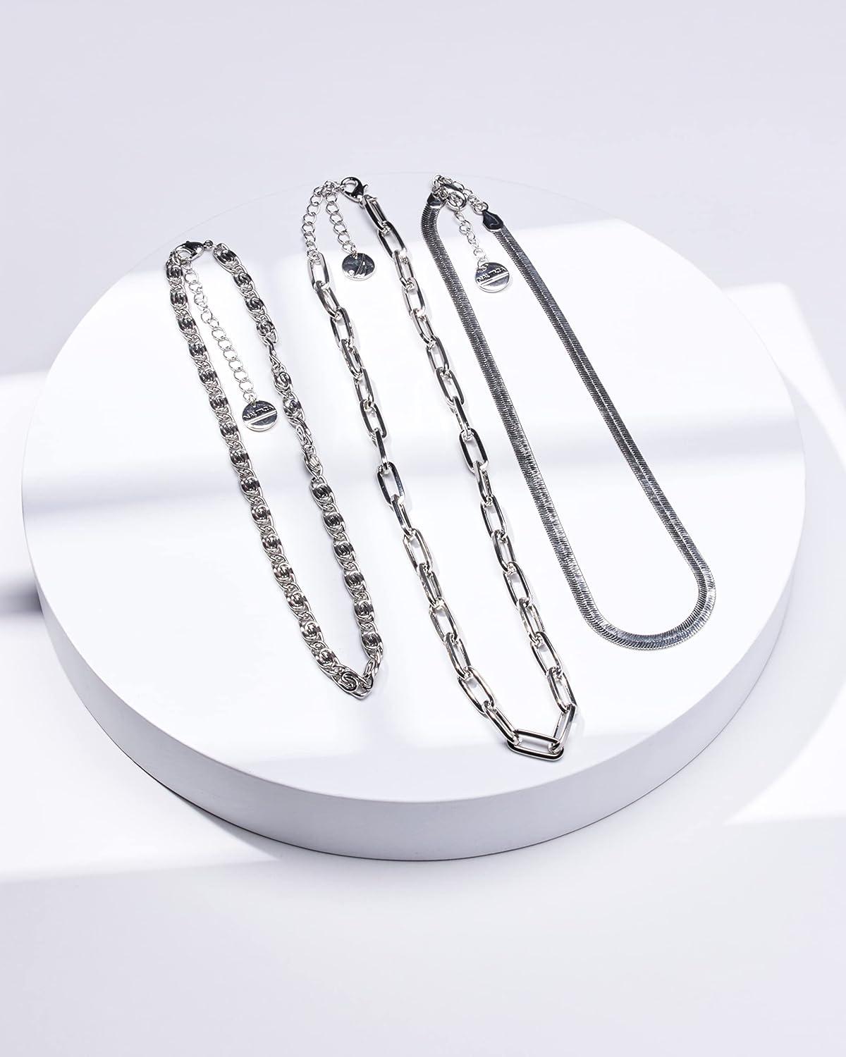 imageNautica 14K Gold Plated Brass Necklace  Three Row Layered Statement Chain Necklace for Women White SwirlHerringbonePaperclip