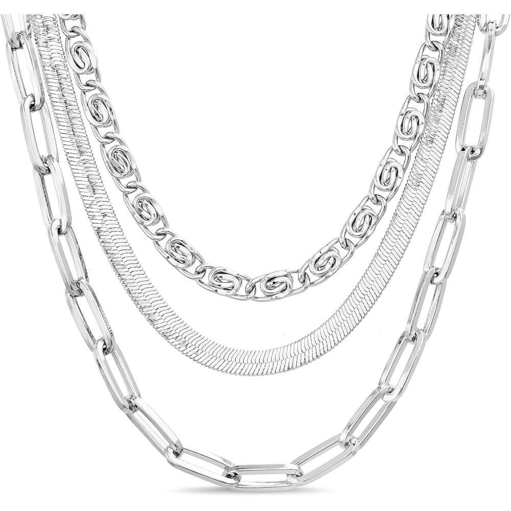 imageNautica 14K Gold Plated Brass Necklace  Three Row Layered Statement Chain Necklace for Women White SwirlHerringbonePaperclip