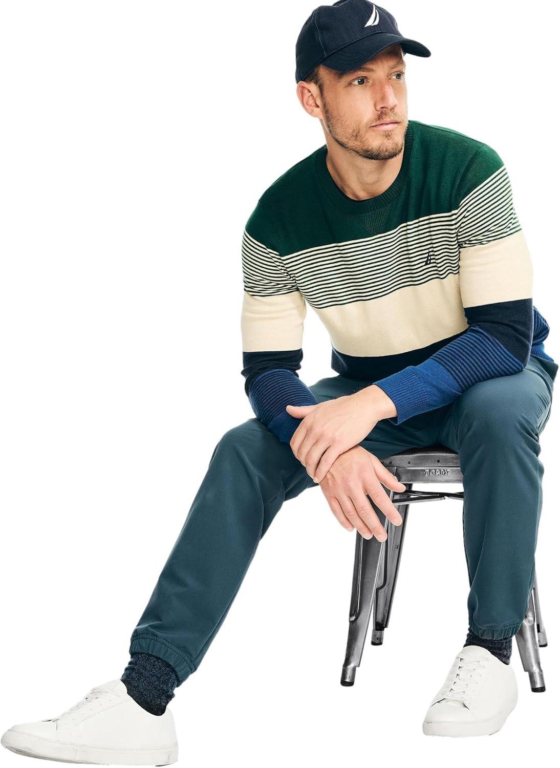 imageNautica Mens Sustainably Crafted Crewneck SweatshirtStriped LimogesGreen