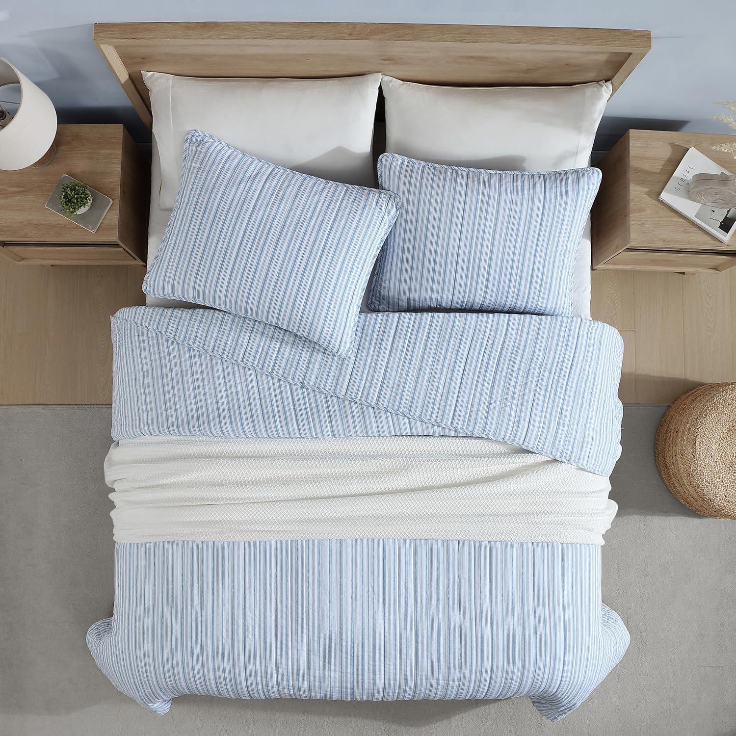 imageNautica  Queen Quilt Set Reversible Cotton Bedding with Matching Shams Modern Home Decor for All Seasons Dover Beige QueenColeridge Stripe Light Blue