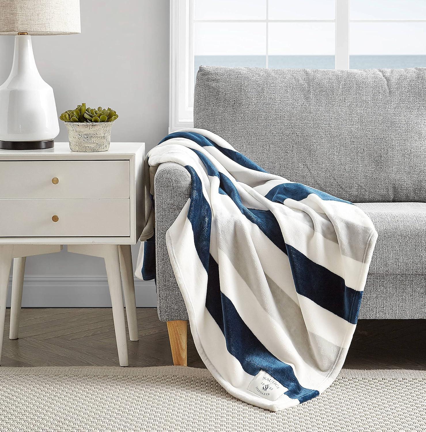 imageNautica  Throw Blanket Super Soft ampamp Cozy Fleece Bedding Dorm Room Essentials Awning Stripe Grey 50quot x 60quotAwning Stripe NavyWhite