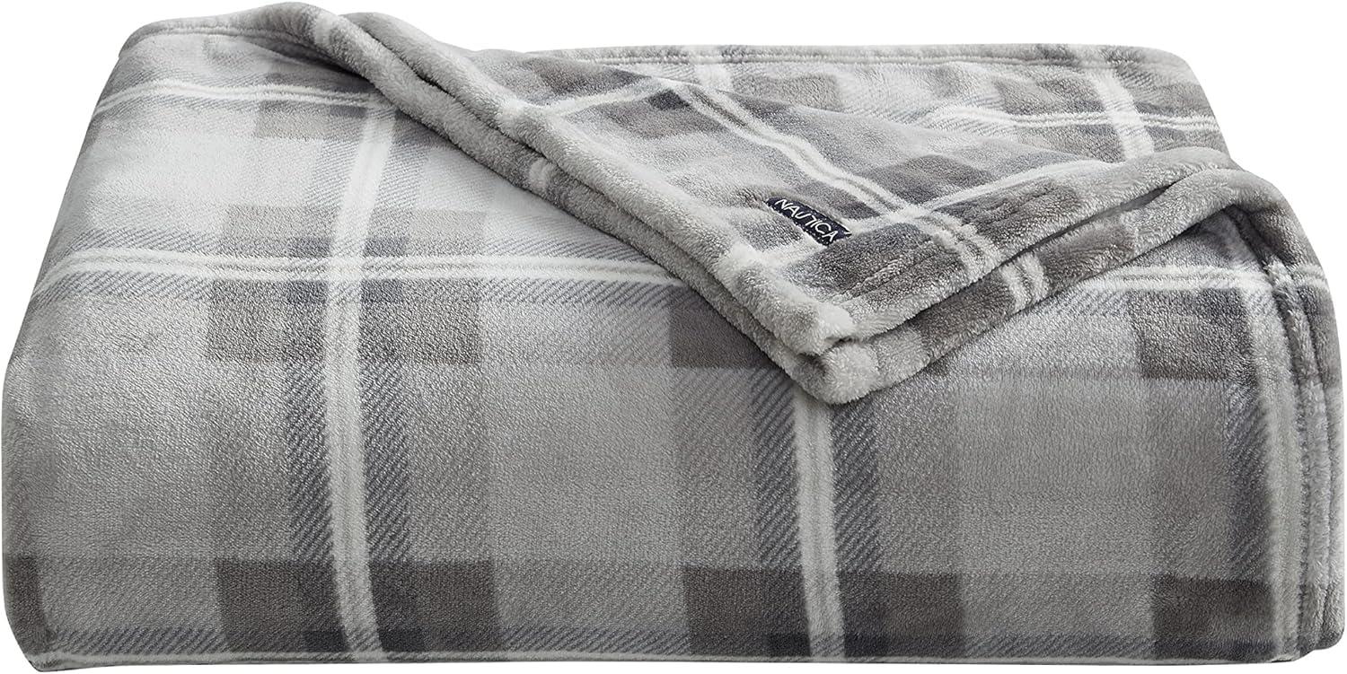 imageNautica  Twin Blanket Soft Plush Fleece Bedding Ideal for Bed or Couch Dorm Essentials OekoTex Certified Winter Tattersall RedLewes Grey