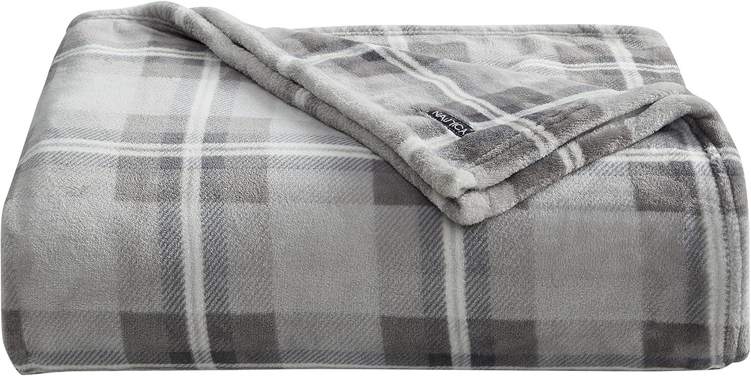 imageNautica  Twin Blanket Soft Plush Fleece Bedding Ideal for Bed or Couch Dorm Essentials OekoTex Certified Winter Tattersall RedLewes Grey