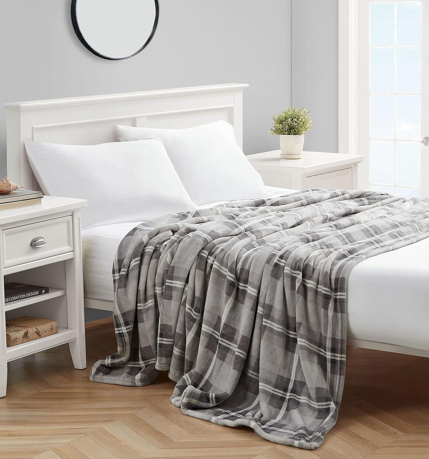 imageNautica  Twin Blanket Soft Plush Fleece Bedding Ideal for Bed or Couch Dorm Essentials OekoTex Certified Winter Tattersall RedLewes Grey
