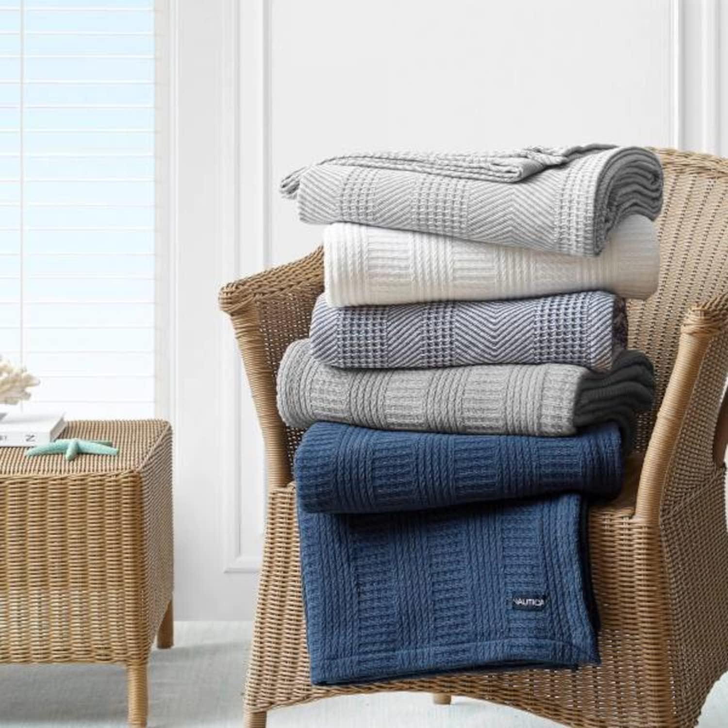imageNautica  Twin Blanket Woven Textured Cotton Bedding Ideal for Bed or Couch Dorm Essentials OekoTex Certified Rope Stripe WhiteGrey