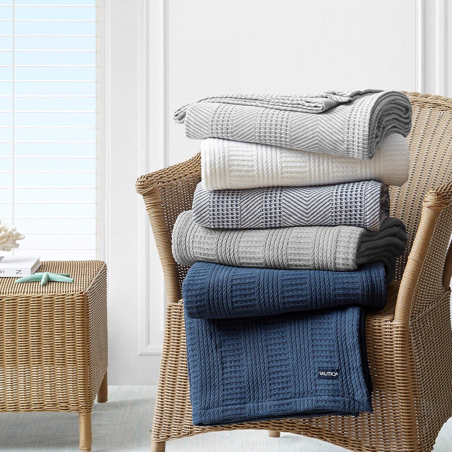 imageNautica  Twin Blanket Woven Textured Cotton Bedding Ideal for Bed or Couch Dorm Essentials OekoTex Certified Rope Stripe WhiteNavy