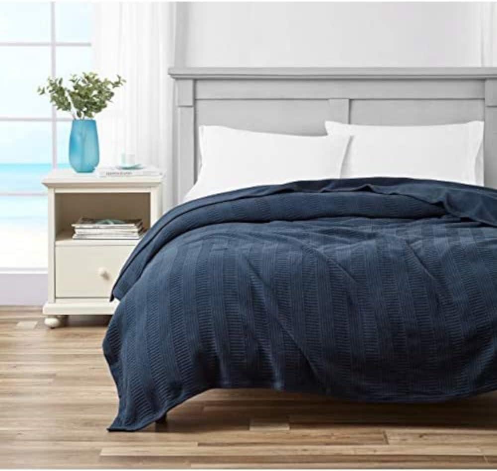 imageNautica  Twin Blanket Woven Textured Cotton Bedding Ideal for Bed or Couch Dorm Essentials OekoTex Certified Rope Stripe WhiteNavy